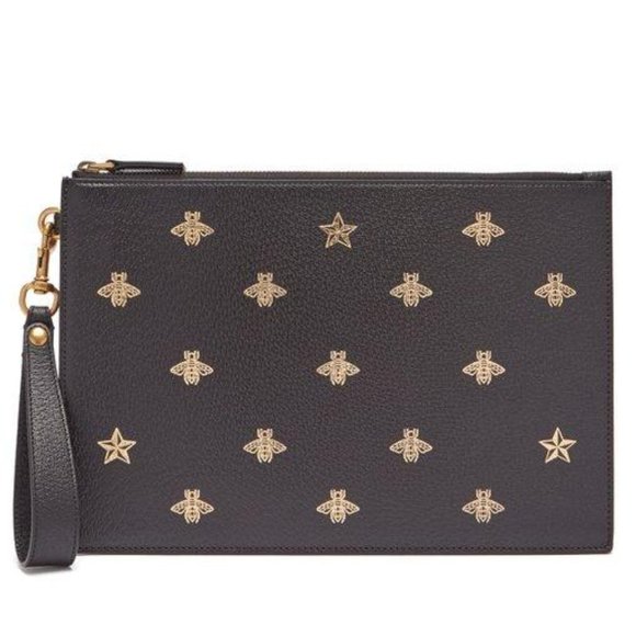 Gucci Handbags - Gucci Bee-print Grained-leather Pouch In Brown